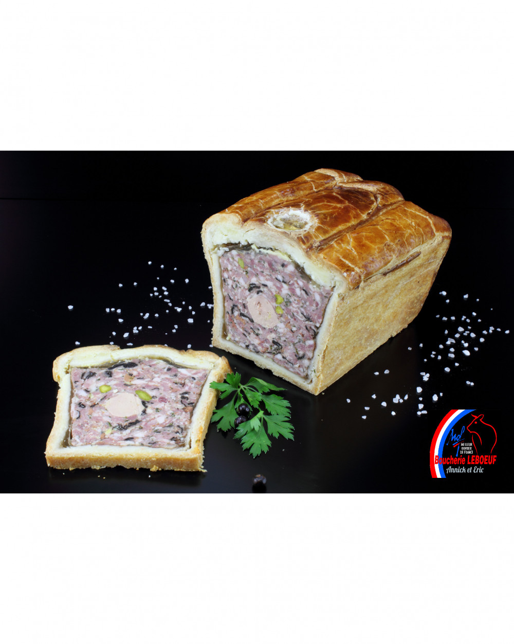 Pâté en croûte Richelieu (foie gras, morilles, pistaches) Boucherie Leboeuf